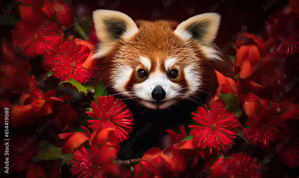 Obraz premium red panda with red flowers. Generative AI image.