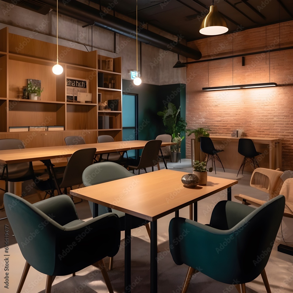 Interior of a modern office space with wooden table and brown leather chairs. Generative AI Interior of a modern office space with wooden table and brown leather chairs. Generative AI