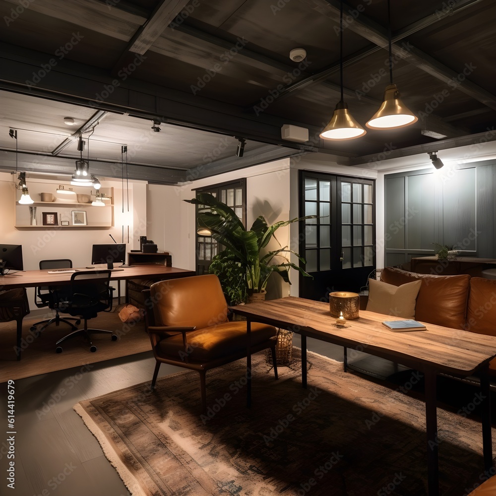 Fototapeta premium Interior of a modern office space with wooden table and brown leather chairs. Generative AI
