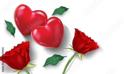 vector illustration romence background design template top view.two hearts and rose flowers and rose leafs on the white background isolated.use for valentine's day card design and lover concept. photo