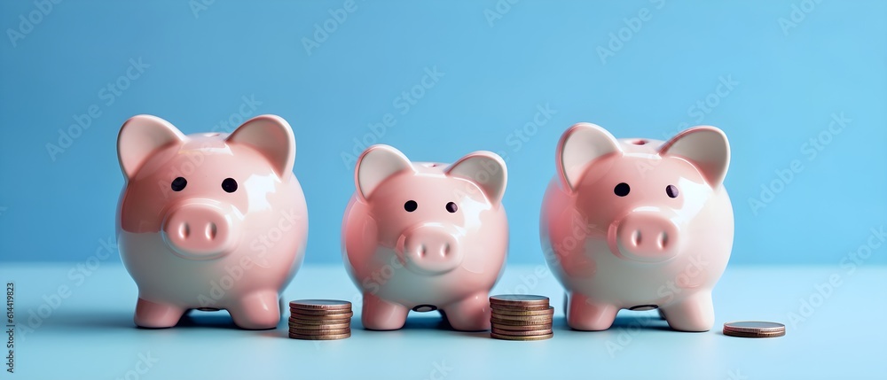 Trois tirelires pour étaler son budget sur fond bleu Trois tirelires pour étaler son budget sur fond bleu