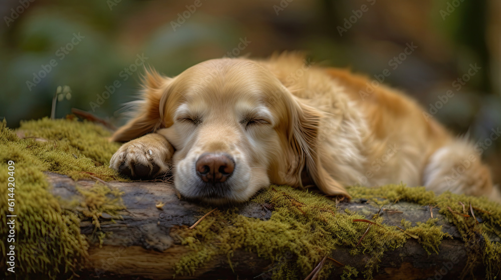 golden retriever dog laying on the tree in the park covered with moss. Generative AI image.