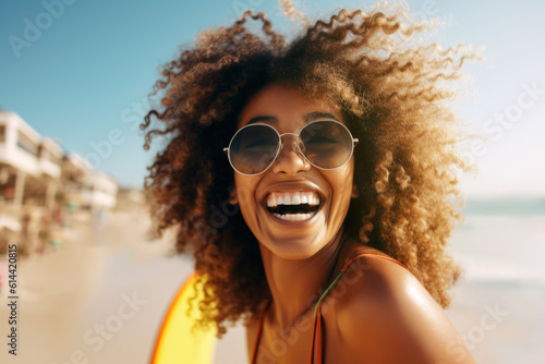 Woman laughing and relaxing on vacation