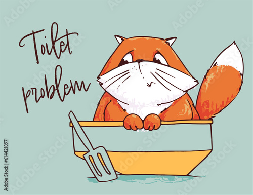 Sick cat symptom - vector illustration. Animal condition. Pet. Toilet problems. Litter box issues, urinary difficulties, elimination problems, inappropriate urination.