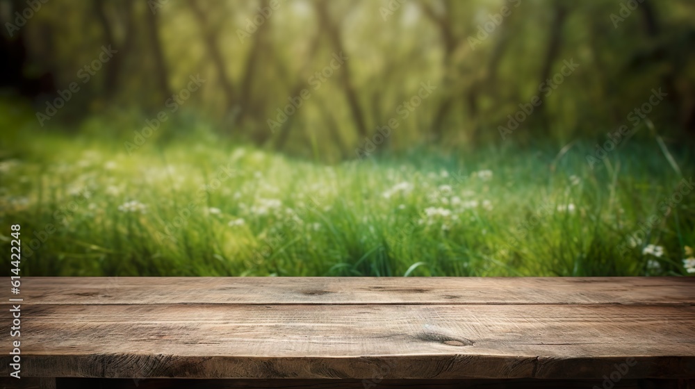 Wooden Table in front of a green meadow with empty space for product display. Wooden Table in front of a green meadow with empty space for product display.
