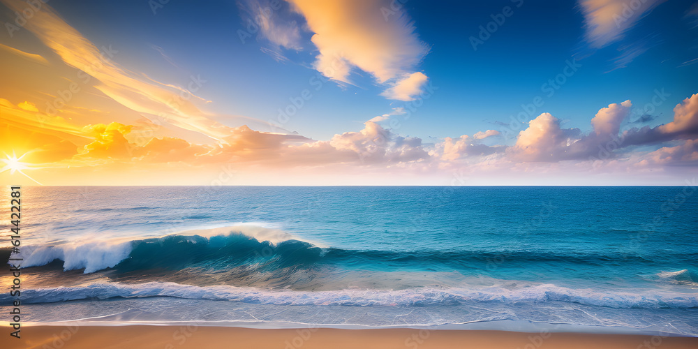 Beautiful seascape at sunset. Panoramic view of the sea and sandy beach. Beautyful background. Generative AI technology.
