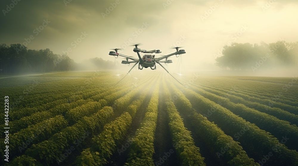 Fototapeta premium Flying drone above the wheat field, Generative AI