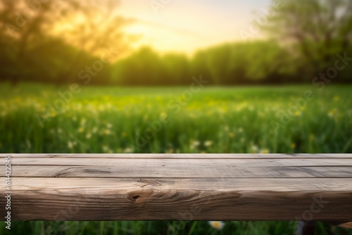 Wooden Table in front of a green meadow with empty space for product display. © cartoon-IT