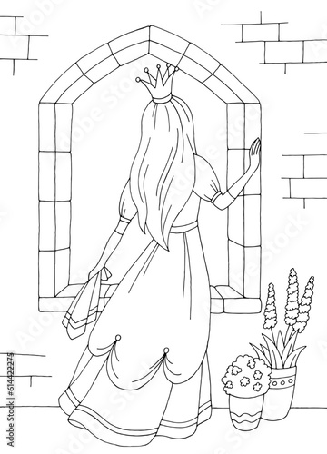 Princes standing near window graphic black white coloring illustration vector