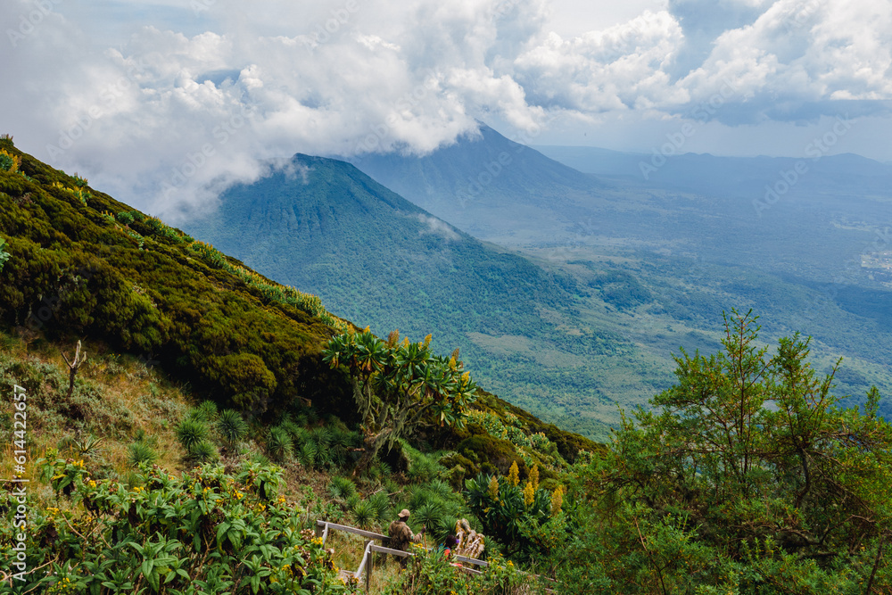 Naklejka premium Mount Gahinga and Mount Sabyinyo seen from Mount Muhabura in Uganda
