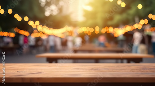 Empty Wooden Table Surrounded by a Lively Outdoor Festival Crowd. created with Generative AI