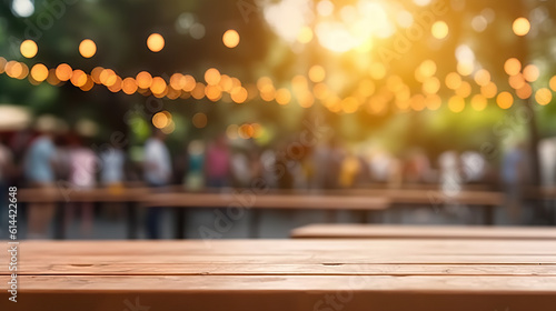 Empty Wooden Table Surrounded by a Lively Outdoor Festival Crowd. created with Generative AI