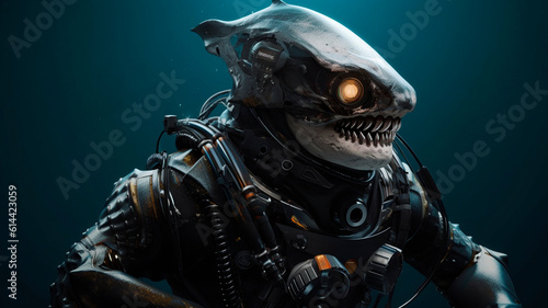 Terrifying scuba diving cyborg shark, killer cyborg, underwater humanoid monsters