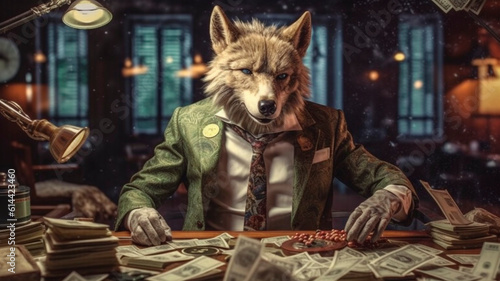 An anthropomorphic wolf in a suit counts banknotes