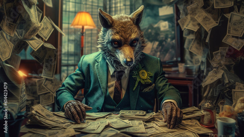 An anthropomorphic wolf in a suit counts banknotes
