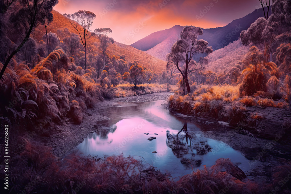 landscape with river and mountains in orange and purple. Generative AI image.