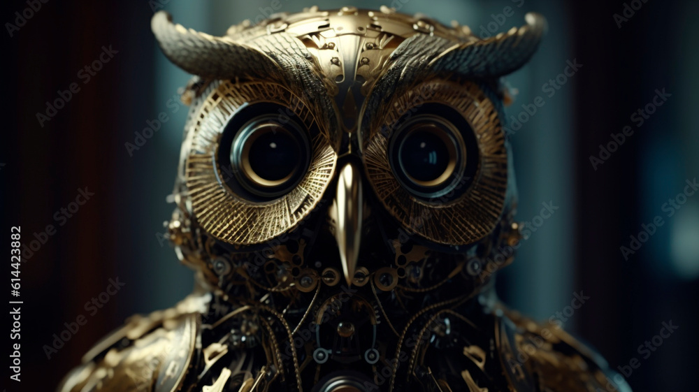Naklejka premium half man-machine half owl, humanoid cyborg and owl