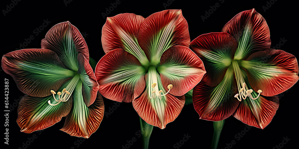 Fototapeta premium red, green amaryllis lily flowers. Generative AI image.