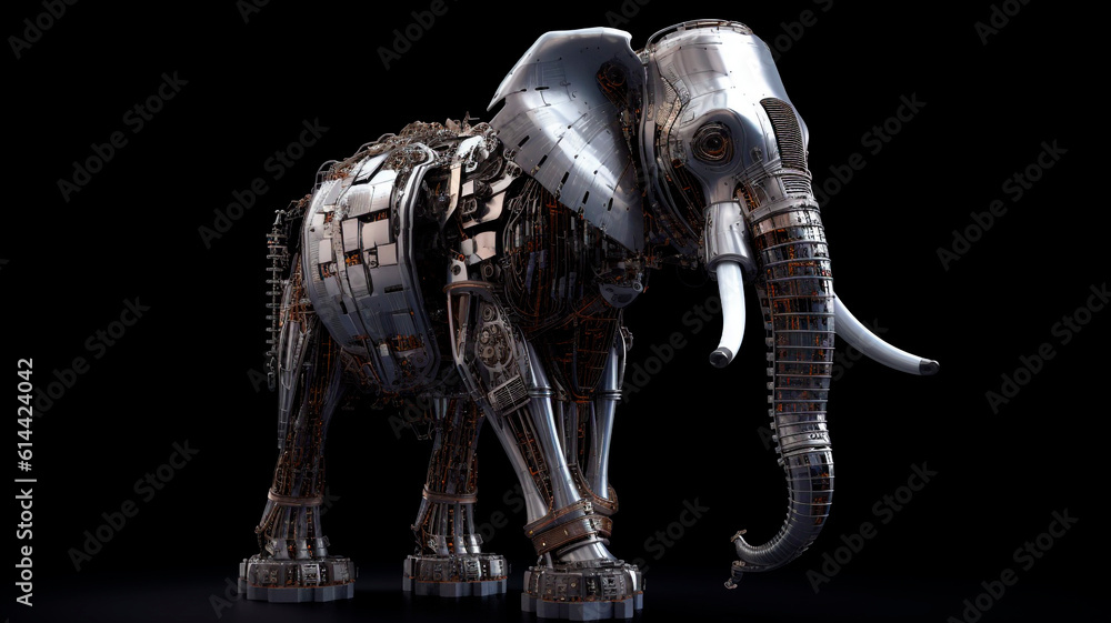 an Indian elephant with a sci-fi robotic body, on a black background and with professional studio lighting. 