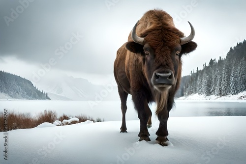 european bison in group at the snow