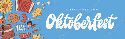 Willkommen zum Oktoberfest lettering quote decorated with doodles on blue backhground for social media banners, prints, cards, cards, signs, invitations, etc. EPS 10 photo