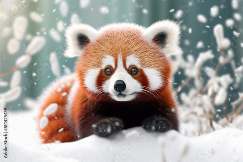Cute red panda with snow falling in winter. Ai generative.