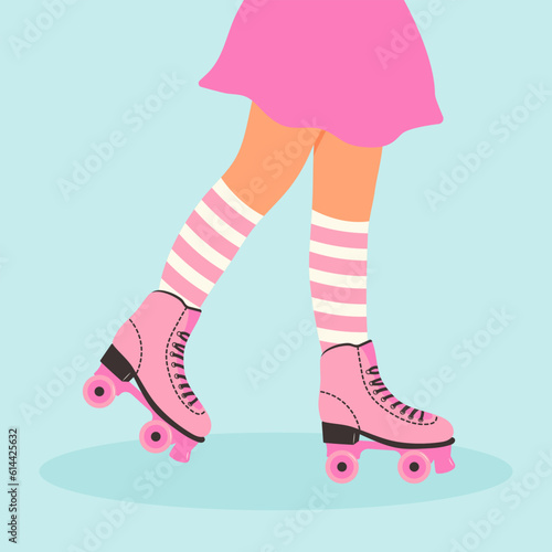 Female legs wearing retro roller skates and striped socks. Rollerblading girl. Pastel colour web banner design. Modern poster.