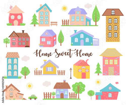 Cute cartoon houses set. Trendy urban and village homes with windows, roof tiles and trees.
