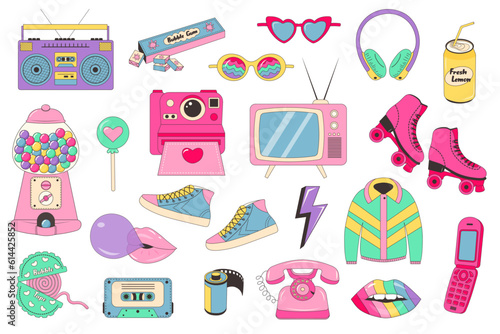 Retro 80s 90s clipart set. Cute y2k glamour fashion patches, badges, emblems, stickers. Linear color vector illustration.