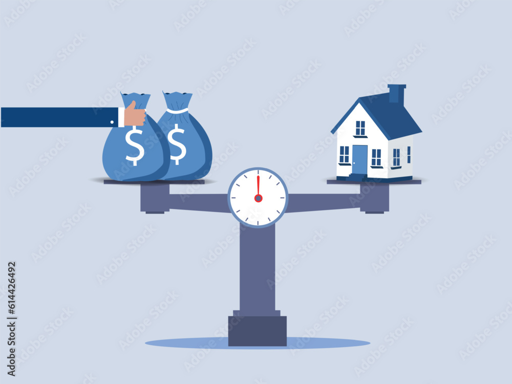 Increase the money bag to keep the house and money in balance. vector illustration.
