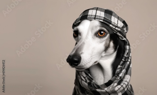 Cute Arabian Saluki with keffiyeh wrapped around head  on studio background. Banner with copy space. AI generative
