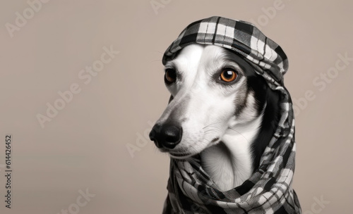 Cute Arabian Saluki with keffiyeh wrapped around head, on studio background. Banner with copy space. AI generative