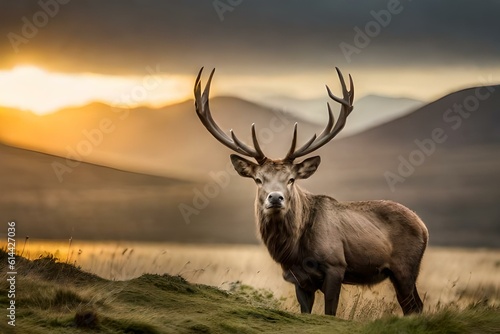 stag in the forest at sunset