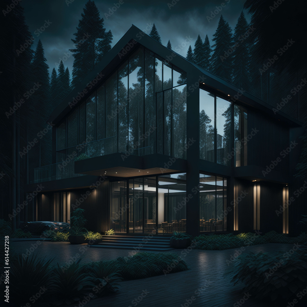 Modern Exterior House On Lake Shore, Reflections In Water, Green Forest, Night, generative Ai Modern Exterior House On Lake Shore, Reflections In Water, Green Forest, Night, generative Ai