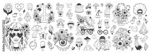 Groovy psychedelic stickers with flowers, rainbow, peace sign, mushrooms, heart and girls in retro style. Doodle hippie clipart with cactus, roller skate, eye and dove, vector hand drawn set