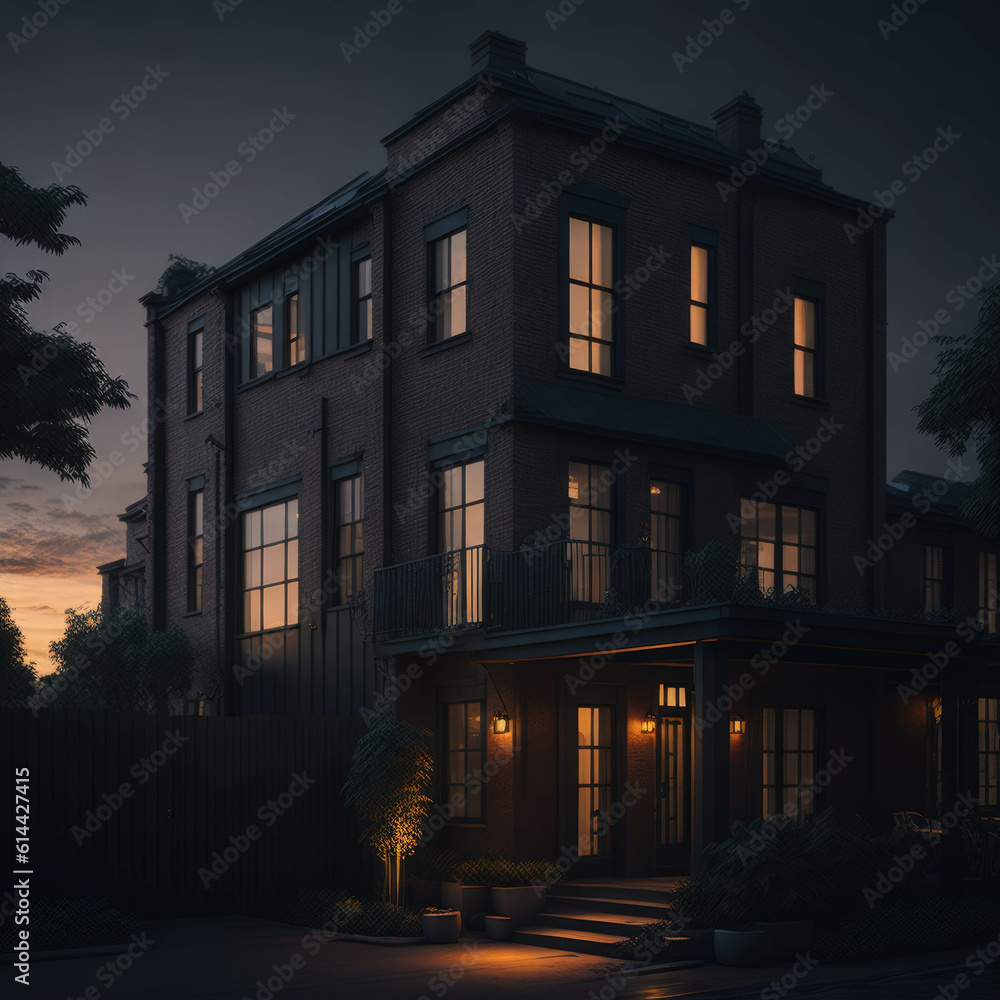 Industrial Style large House, Brick wall, Neighbourhood Alley, Trees, Sunset, Generative Ai Industrial Style large House, Brick wall, Neighbourhood Alley, Trees, Sunset, Generative Ai