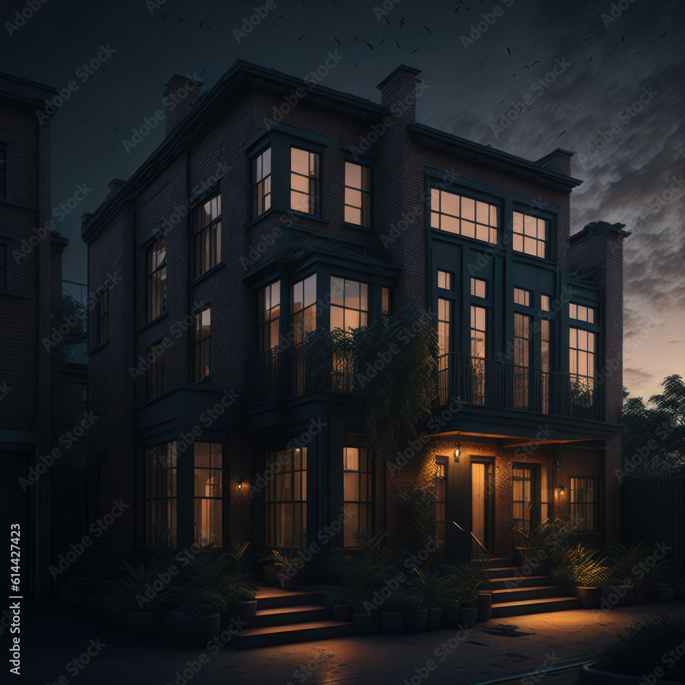 Industrial Style large House, Brick wall, Neighbourhood Alley, Trees, Sunset, Generative Ai Industrial Style large House, Brick wall, Neighbourhood Alley, Trees, Sunset, Generative Ai