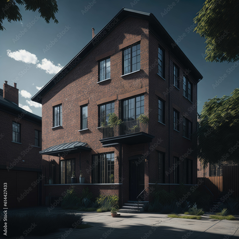 Industrial Style large House, Brick wall, Neighbourhood Alley, Trees, Sunny day, Generative Ai