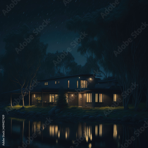 Mid century Style House On Lake Shore, Reflections In Water, Green Forest, Night, generative Ai