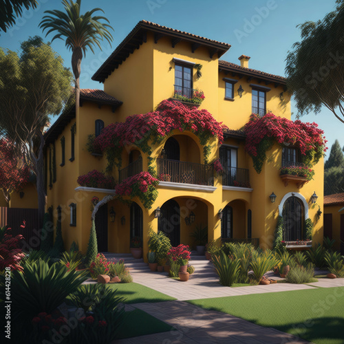 Spanish Style Manson House Exterior  large Green Yard With Flowers  Stone Path   Generative AI