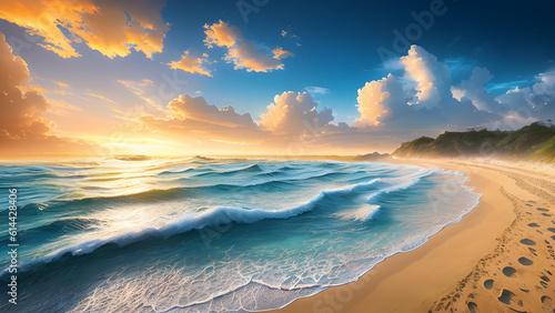 Beautiful seascape at sunset. Panoramic view of the sea and sandy beach. Beautyful background. Sea wave with foam. Beautiful ocean waves. Generative AI technology.
