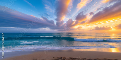 Beautiful seascape at sunset. Panoramic view of the sea and sandy beach. Beautyful background. Sea wave with foam. Beautiful ocean waves. Generative AI technology.