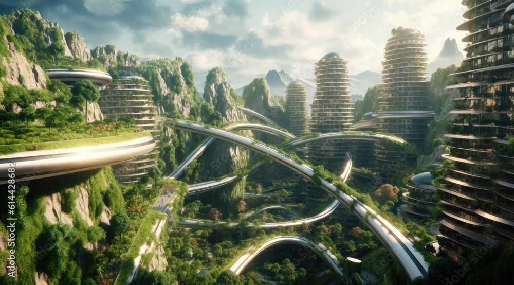 Architecture of the future, lots of green plants and balconies