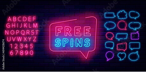 Free spins neon label. Jackpot sign. Shiny pink alphabet. Speech bubbles frames set. Vector stock illustration