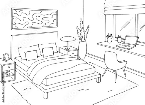 Bedroom graphic black white home interior sketch illustration vector 