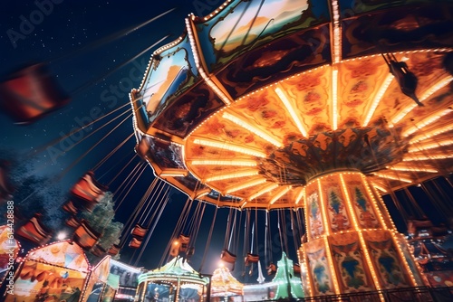 Exciting Carnival Rides: An exhilarating shot capturing the thrill of carnival rides, with vibrant lights and joyful expressions, perfect for amusement park advertisements and entertainment publicatio