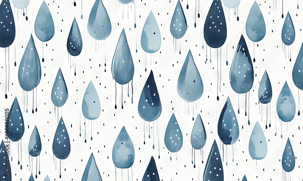  a pattern of blue raindrops on a white background with drops of watercolng on the drops of the watercolng on the surface.  generative ai