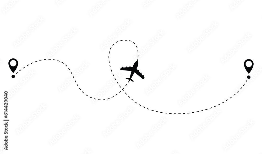 Airplane dotted route line. Path travel line shape. Flight route with start point and dash line trace for plane isolated vector illustration Airplane dotted route line. Path travel line shape. Flight route with start point and dash line trace for plane isolated vector illustration