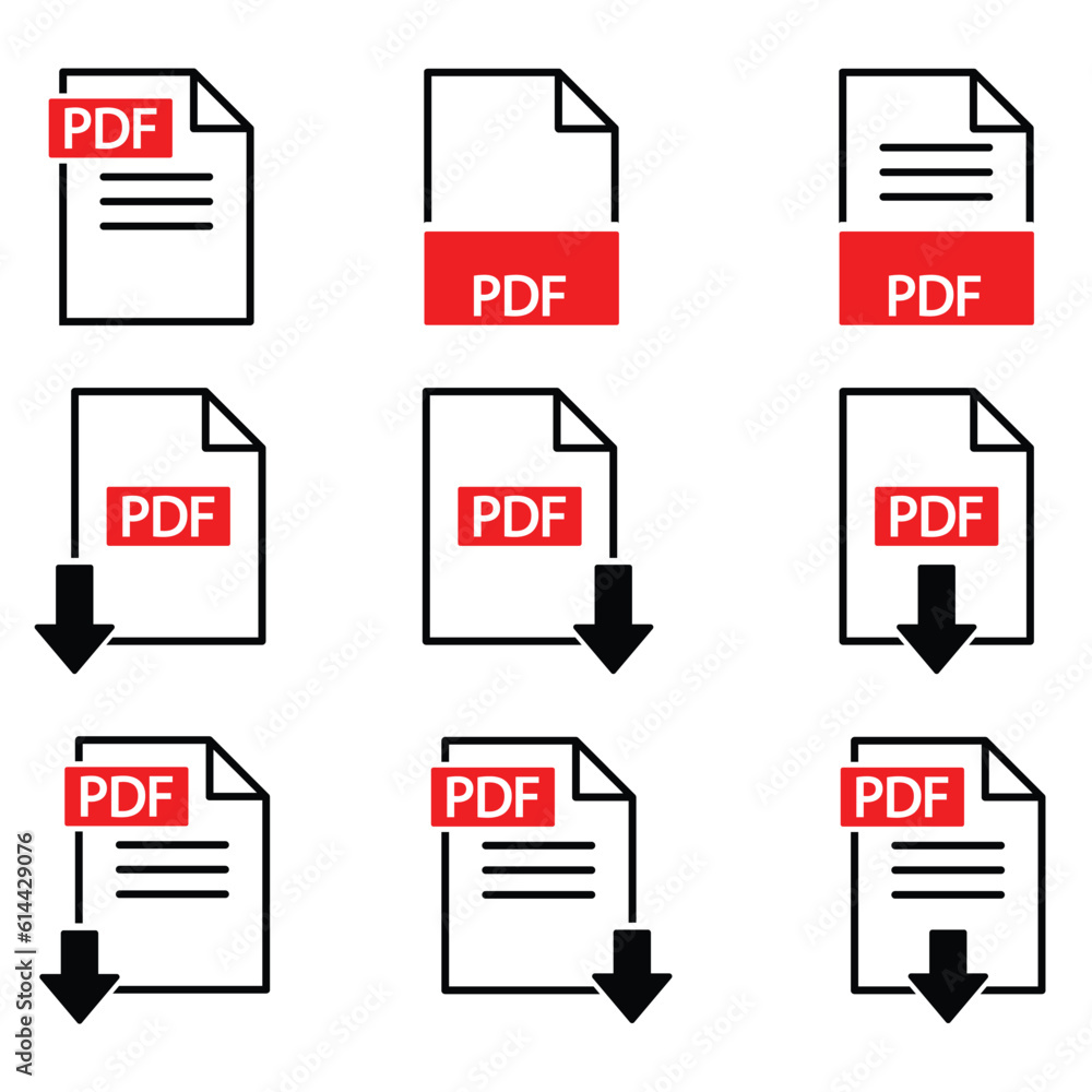 PDF file format icons, set of PDF file icons, PDF file download sign