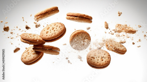 Biscuits falling on white background. Perfect concepts for product packaging design ideas. Studio shoot product photography. Generative AI